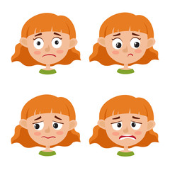 Set of red-haired girl upset face expression isolated on white
