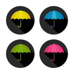 Vector Illustration. Set of umbrellas on black circles with shadow. Umbrella in cartoon style for design
