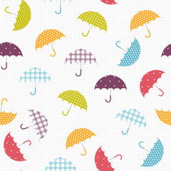 Fototapeta na wymiar Vector Illustration. Colorful umbrella pattern witn decorative elements. Umbrellas seamless background. Umbrella in cartoon style for background and design. Autumn parasols on cell wall