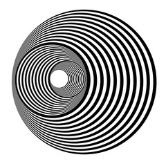 Abstract black and white striped round object. Geometric pattern with visual distortion effect. Illusion of rotation. Op art. Isolated on white background.