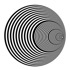 Abstract black and white striped round object. Geometric pattern with visual distortion effect. Illusion of rotation. Op art. Isolated on white background.