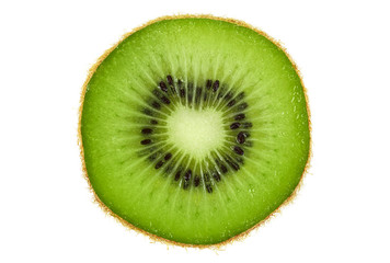 Slice of fresh kiwi fruit isolated on white background. Top view.
