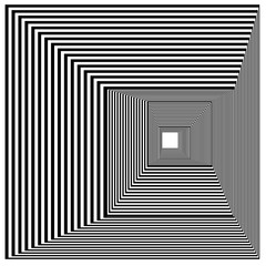 Abstract black and white striped square object. Geometric pattern with visual distortion effect. Optical illusion. Op art. Isolated on white background.