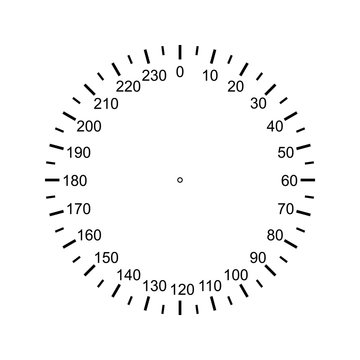 Measuring circle scale. Measuring round scale, Level indicator, measurement acceleration, circular meter, round meter for household appliances, division from 0 to 230. Vector AI10