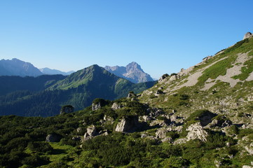 Fototapeta premium Berge, Hoher Ifen, Landschaft, Wald, Felsen, Natur,Erholung,Himmel, Wander, Bewegung, Sonne, Himmel, Klettern, Felswand