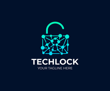Padlock and network chain logo template. Open lock and circuit vector design. Cyber security logotype