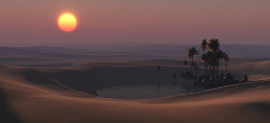 an oasis at sunset, palms above the water in the desert
