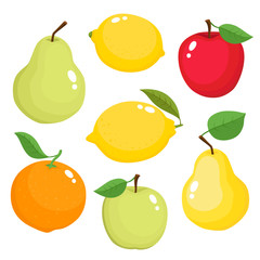 Bright vector set of colorful apple, pear, lemon, orange.