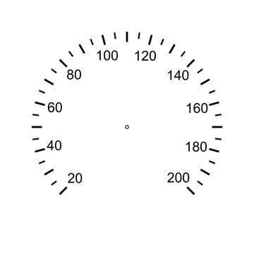 Speedometer face. Measuring circle scale. Measuring round scale, Level indicator, measurement acceleration, circular meter, round meter for household appliances division from 20 to 200. Vector AI10