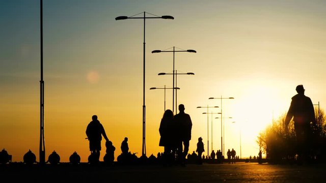 Silhouettes of young guys riding on bicycles, skateboards, roller skates in a park at sunset