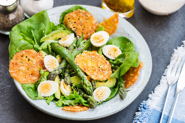 Asparagus Salad with quails eggs and cheese crisps