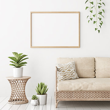 Home interior poster mock up with horizontal empty wooden frame, wicker rattan sofa and plants in living room with white wall. 3D rendering.