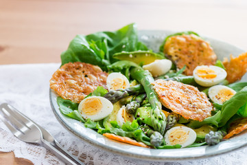 Asparagus Salad with quails eggs and cheese crisps