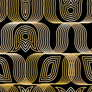 Antique Vector Seamless Shell Gold Art Deco Pattern. Geometrical Wavy Background.