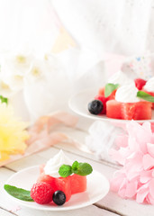 Watermelon stars with berries and ice cream, birthday decoration