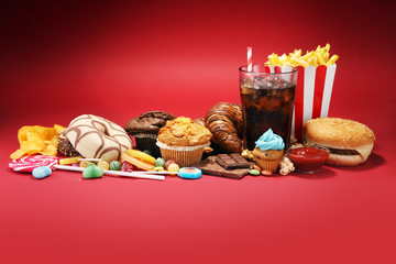 Unhealthy products. food bad for figure, skin, heart and teeth.