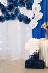 Photo wall for boy. Blue number one. Blue and white flowers