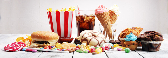 Unhealthy products. food bad for figure, skin, heart and teeth.