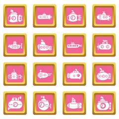 Submarine icons set vector pink square isolated on white background 