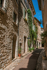 Fototapeta na wymiar View of alley with stone houses on a blue sunny day in Saint-Paul-de-Vence, a lovely well preserved medieval hamlet near Nice. In Alpes-Maritimes department, Provence region, southeastern France