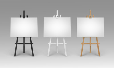 Vector Set of Wooden Brown Black White Sienna Easels with Mock Up Empty Blank Horizontal Canvases Isolated on Background