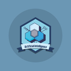 Emblem of artificial intelligence with chip icon over blue background, colorful design. vector illustration