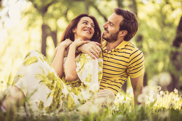 Love emotion. Couple at nature. Spring season.