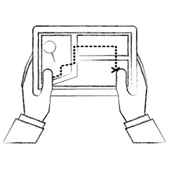 hands hold tablet pc with map and location pin marker vector illustration sketch