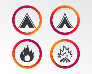 Tourist camping tent icons. Fire flame sign symbols. Infographic design buttons. Circle templates. Vector