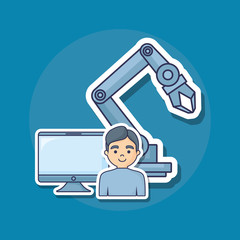 robotic arm with cartoon man and computer  over blue background, colorful design. vector illustration