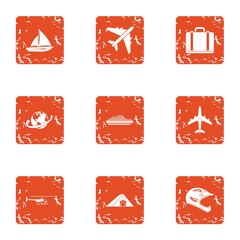 Travel card icons set. Grunge set of 9 travel card vector icons for web isolated on white background