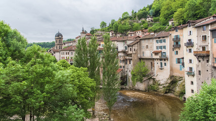 Pont-en-Royans in the Vercors, typical colorful houses built on the cliff, over the river, in...