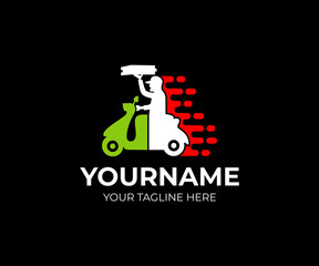 Fast delivery pizza man on scooter and the Italian flag, logo template. Man working the pizza courier, delivery fast food, vector design. Italian pizza home delivery, illustration