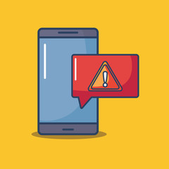 smartphone with warning sign over yellow background, colorful design. vector illustration
