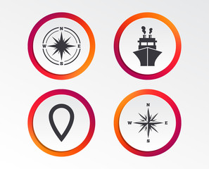 Windrose navigation compass icons. Shipping delivery sign. Location map pointer symbol. Infographic design buttons. Circle templates. Vector