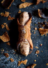 Sweet chocolate and ricotta cannoli,selective focus