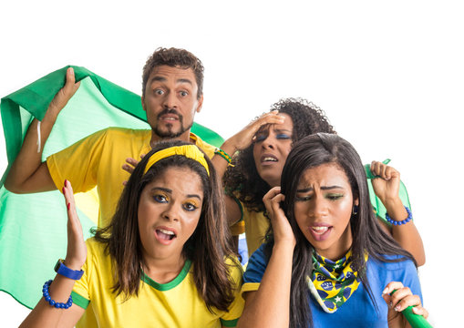 Brazilian group of fans celebrating on football match on white background.