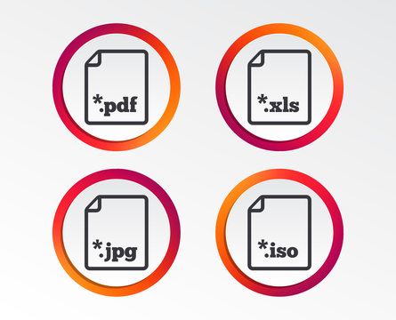 Download document icons. File extensions symbols. PDF, XLS, JPG and ISO virtual drive signs. Infographic design buttons. Circle templates. Vector