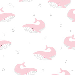 Cute pink whale seamless pattern. Baby marine background. Vector hand drawn illustration.