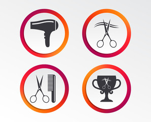 Hairdresser icons. Scissors cut hair symbol. Comb hair with hairdryer symbol. Barbershop winner award cup. Infographic design buttons. Circle templates. Vector