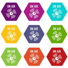 On air radio icons 9 set coloful isolated on white for web