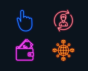 Neon lights. Set of Hand click, Wallet and Human resources icons. Logistics network sign. Location pointer, Usd cash, Update profile. International tracking.  Glowing graphic designs. Vector