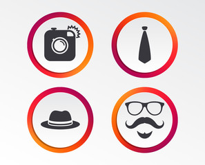 Hipster photo camera. Mustache with beard icon. Glasses and tie symbols. Classic hat headdress sign. Infographic design buttons. Circle templates. Vector