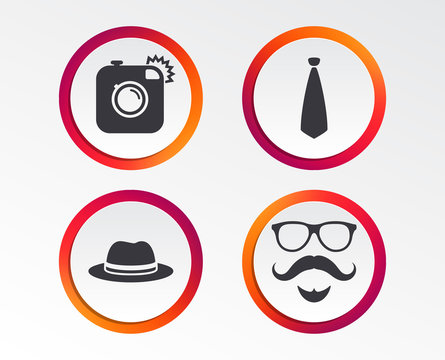 Hipster photo camera. Mustache with beard icon. Glasses and tie symbols. Classic hat headdress sign. Infographic design buttons. Circle templates. Vector