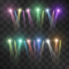 Colorful festive ray soffits on theatre scene, club lights floodlight vector effect. Party illumination on the stage, during the show, performance presentation on transparent background.