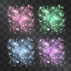 Luxurious glitter light effect set, shiny mist or nebula. Vector glowing cloud of brilliant stardust sparkles, square illumination. Glistening cluster with fog,  decorative design background. © Manon Labe