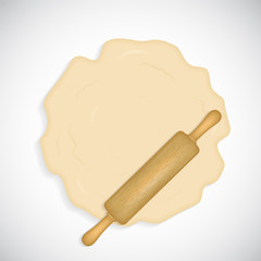 Rolling pin with dough layer isolated on white vector illustration. Home made cooking, cozy and warm atmosphere symbol. Kitchen utensils for classic pastry. Realistic culinary mockup.