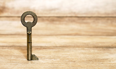 Old metal key standing on a wooden background - solution, life coaching concept