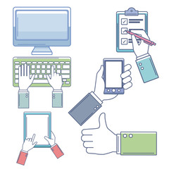 Business hands with tablet and smartphone collection vector illustration graphic design