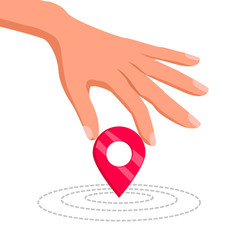 Hand holding a geo location pin. Vector illustration